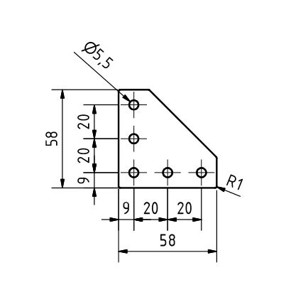 Placa de conexión en forma de L 58x58x3 cortada con láser ACERO